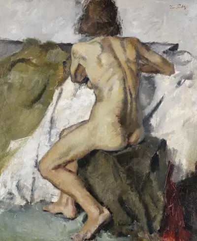 Sitzender weiblicher Rückenakt av Leo Putz