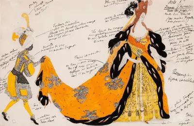 Kostymdesign för 'Törnrosa'; hovdam med page som bär släpet av Léon Bakst