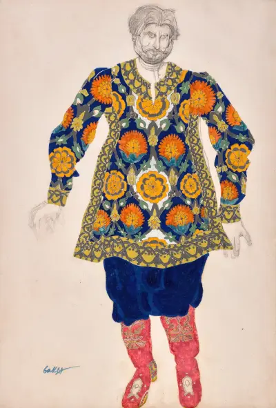 Kostymdesign för ”Sadko”; Man i broderad skjorta och röda stövlar av Léon Bakst