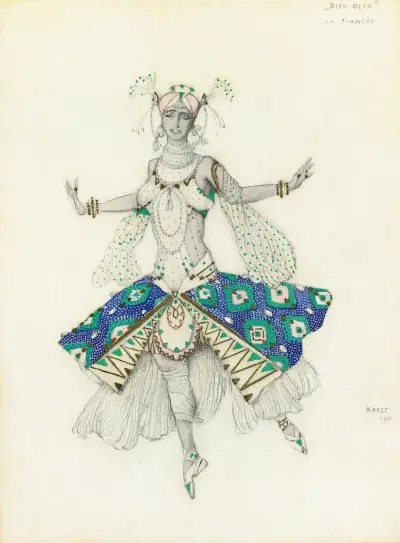 Kostymdesign för Tamara Karsavina som La Fiancée i Le Dieu Bleu av Léon Bakst