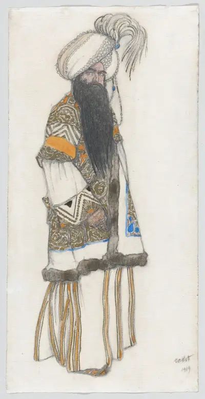 Kostymdesign för ’Sultan Samarkand’ till baletten ’Schéhérazade’ av Léon Bakst