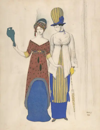 Fantasier över modern kostym; två kvinnliga haute couture-figurer av Léon Bakst