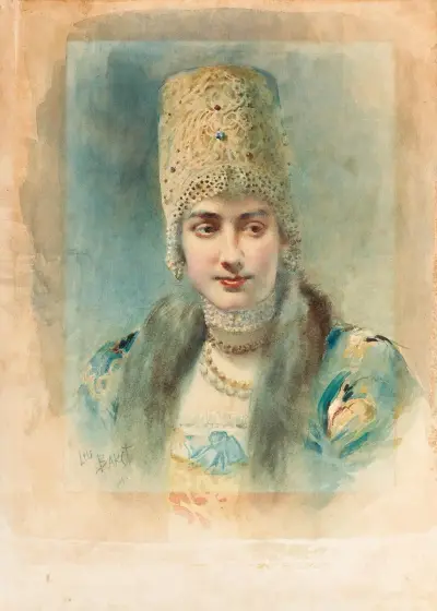 Girl Wearing a Kokoshnik and Pearl Choker av Léon Bakst