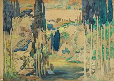 Scenografi för 'Daphnis et Chloé'; akt I och III av Léon Bakst