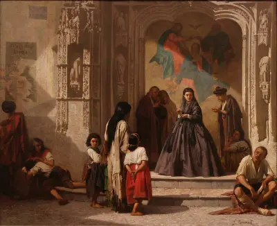 Ung kvinna som ger allmosor vid ingången till San Sebastiáns sjukhuskapell i Córdoba av Léon Bonnat