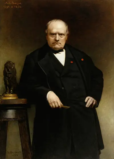 Porträtt av Barye med vaxmodell av ’Sittande lejon’ av Léon Bonnat