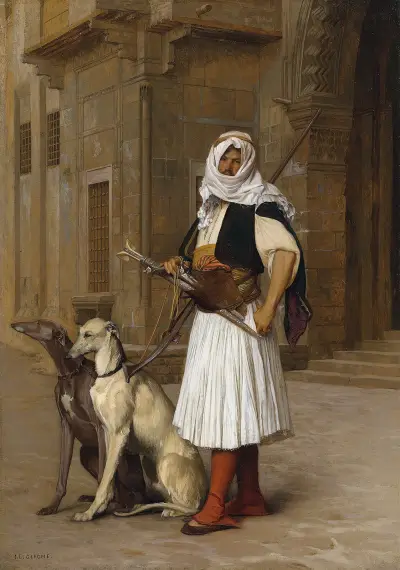 Arnaut and two Whippets av Jean-Léon Gérôme