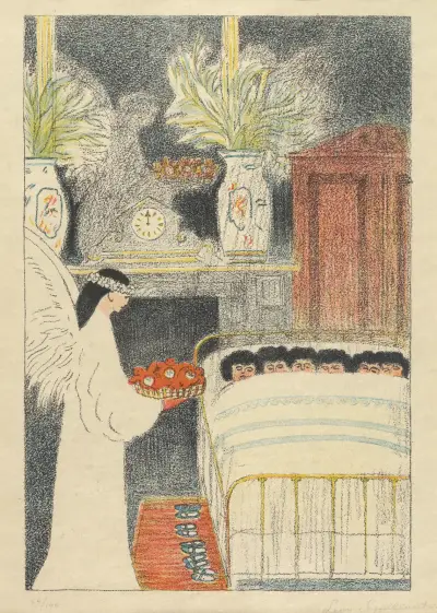 Les six petites filles reçoivent la visite de l’ange à jouets av Léon Spilliaert