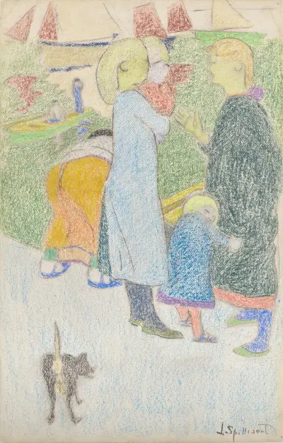 Mödrar och barn på kajen i Ostendes hamn av Léon Spilliaert
