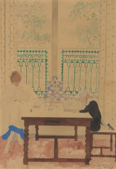 Kvinna med barn läsande vid bord av Léon Spilliaert