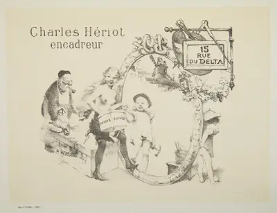 Address card with New Year’s greetings – advertisement for Parisian framer Charles Heriot av Adolphe Léon Willette