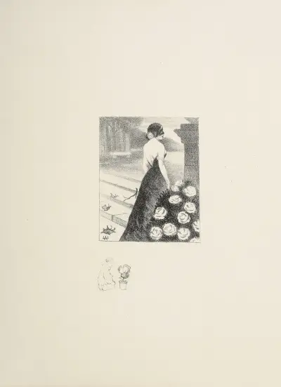 Lady (Colombina) standing in the park by a rose bush av Adolphe Léon Willette