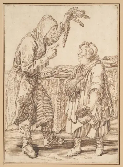 En munk med en morot och en kvinna med en potta av Pier Leone Ghezzi