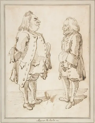 Marco och Carlo; karikatyr av två män ansikte mot ansikte av Pier Leone Ghezzi
