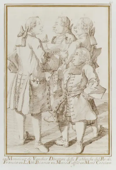 The Marquis de Vandières, Abbé Jean-Bernard Le Blanc, Germain Soufflot, and Charles-Nicolas Cochin, the Younger av Pier Leone Ghezzi