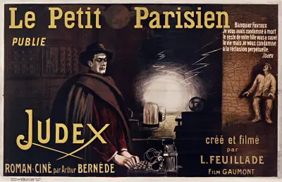 Le Petit Parisien publie Judex, roman-ciné par Arthur Bernède av Leonetto Cappiello