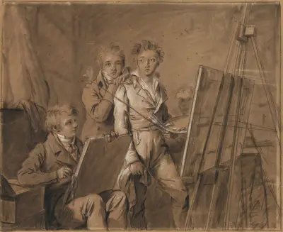 Tre unga konstnärer i en ateljé av Louis-Léopold Boilly