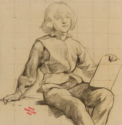 Etude de jeune homme assis tenant une tablette av Henri Leopold Lévy