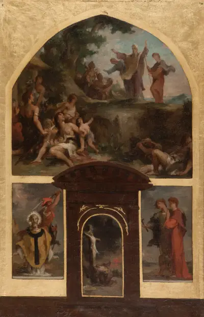 Prédication de saint Denis et conversion des Gaulois. Décollation de saint Denis. Christ en croix. Saint Rustique et saint Eleuthère. av Henri Leopold Lévy