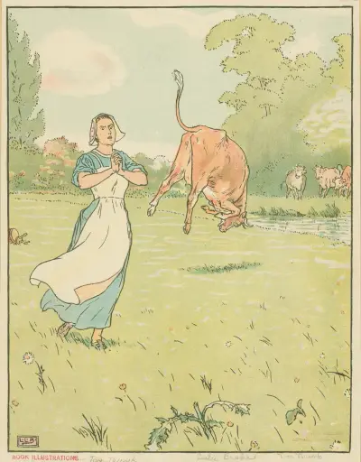 Mjölkpiga och kor på fältet av Leonard Leslie Brooke