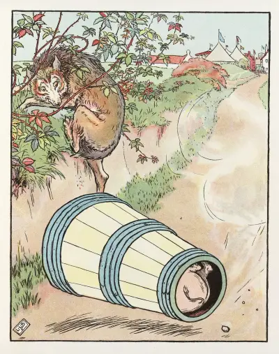 Pig rolls down the hill in a barrel av Leonard Leslie Brooke