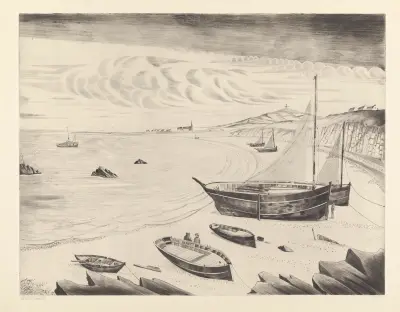 Acht afgemeerde schepen op een strand av Lodewijk Schelfhout