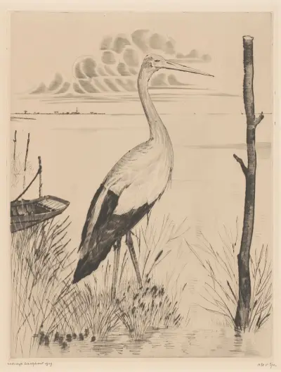 Stork vid en strand av Lodewijk Schelfhout