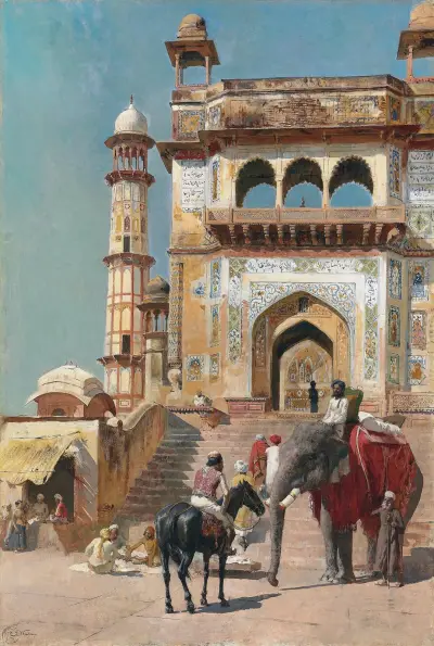 Före den stora Jami Masjid-moskén, Mathura, Indien av Edwin Lord Weeks