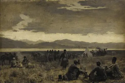 Early Morning Camp Near The Shore of Lake Urumiyah av Edwin Lord Weeks