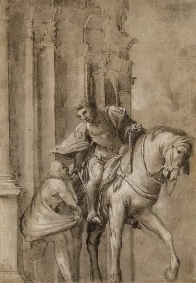 Saint Martin Dividing His Cloak with a Beggar av Lorenzo Lotto