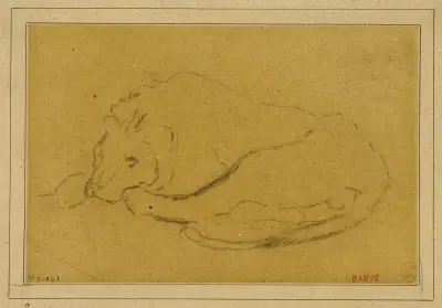 Lion couché la tête entre ses pattes av Antoine-Louis Barye