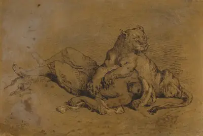 Lejon som sliter upp bröstet på en arab, efter Delacroix av Antoine-Louis Barye