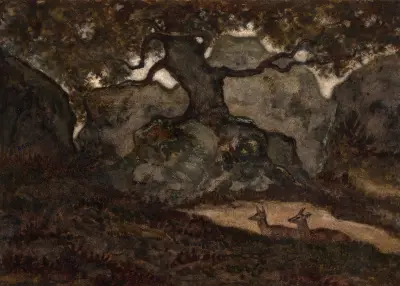 Två hjortar i vila i Fontainebleauskogen av Antoine-Louis Barye
