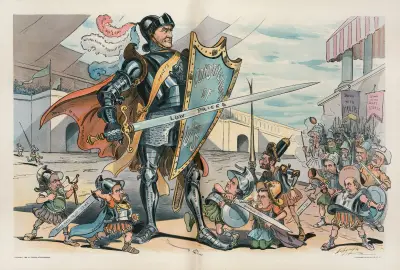 An unequal contest; they can find no flaw in his armor av Louis Dalrymple