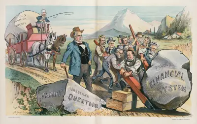 Zwei Hindernisse, die beseitigt werden müssen, bevor Uncle Sam weiterfahren kann von Louis Dalrymple