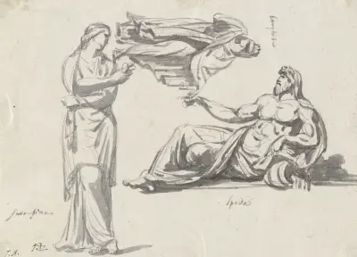 Ein Flussgott und zwei klassische Skulpturen von Jacques Louis David