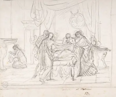 Scen ur antikens historia; bägare bjuden till en sjukling av Jacques Louis David