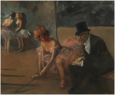 Dansös och beundrare bakom scenen av Jean-Louis Forain