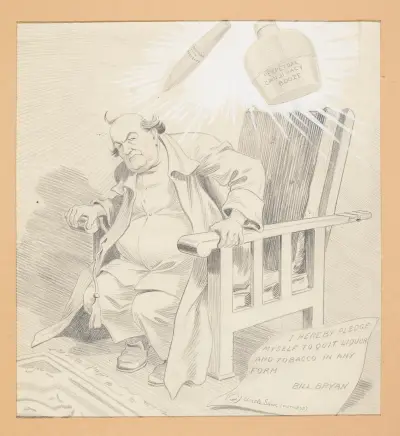 Bill Bryan seated in a chair with a bottle (Perpetual booze candidacy) von Louis Glackens