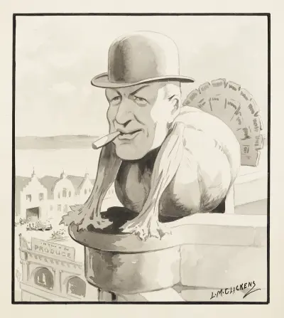 Mann mit Melone und Zigarre als Truthahn dargestellt von Louis Glackens