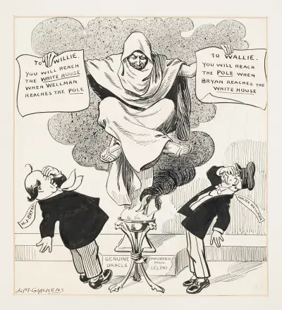 Orakel („Echtes, aus Delphi importiertes Orakel“) mit gekreuzten Beinen in einer Rauchwolke sitzend von Louis Glackens