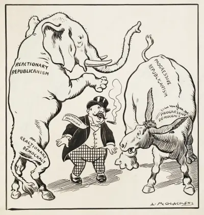 Berufspolitiker steht zwischen zwei zusammengesetzten Tieren von Louis Glackens