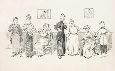 Seven female harridans, of which two are seated in chairs von Louis Glackens