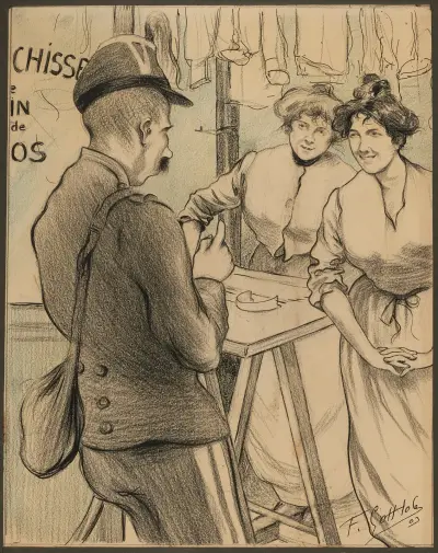 Militär och kvinnor i ett tvättinrättning av Fernand Louis Gottlob