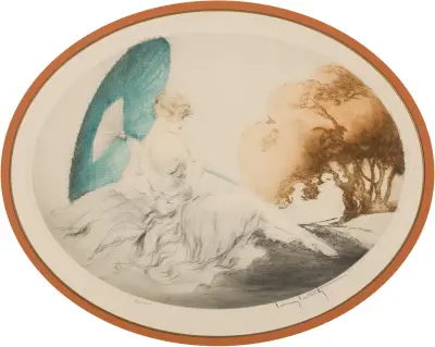 Liegende Frau mit Sonnenschirm von Louis Icart