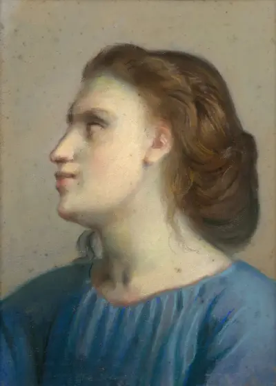 Portrait of a young girl in a blue shirt, av Louis Janmot