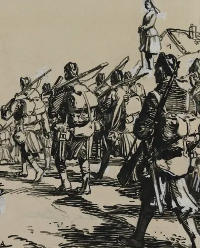 Gränsslaget: grupp brittiska soldater av Auguste Louis Lepère