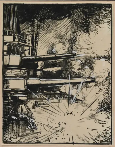 Bombe explosant sur un cuirasse aux canons braques av Auguste Louis Lepère