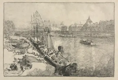 Stor ångbåt vid kaj, Paris av Auguste Louis Lepère