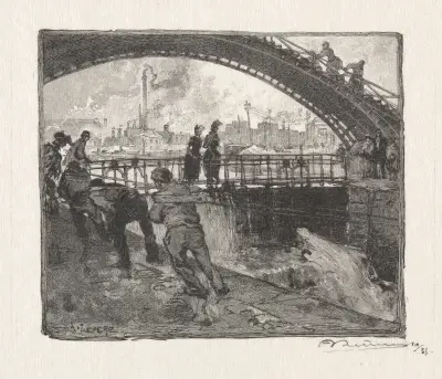 Slussen vid Canal Saint-Martin av Auguste Louis Lepère